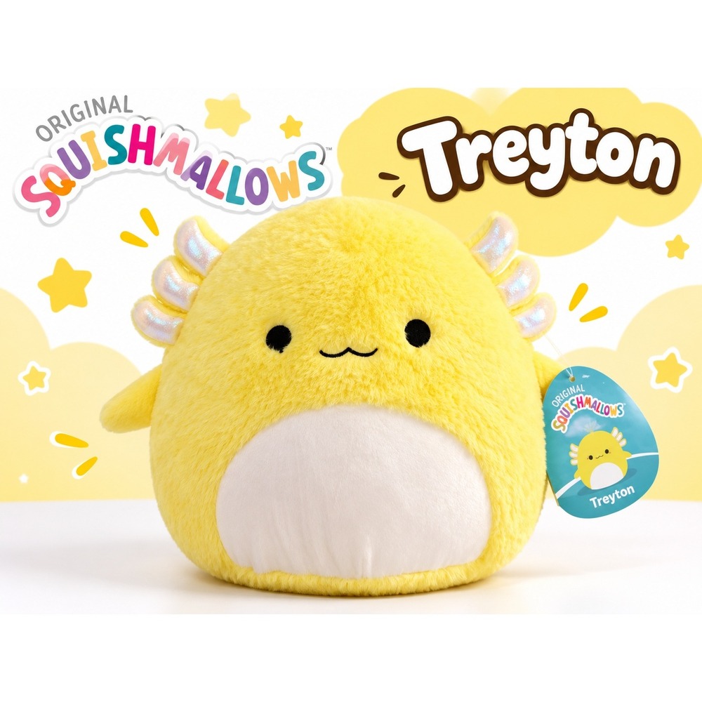 New w/tag Squishmallows Fuzz-A-Mallows Treyton Yellow Axolotl Plush 12" Kellytoy